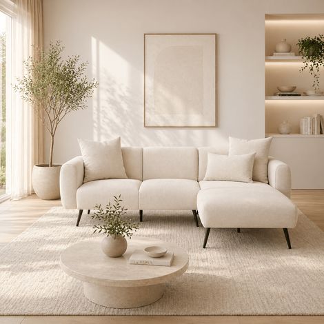 Ecksofa cremefarbener Stoff – hohe, schlanke Beine – solide