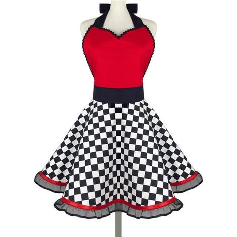 Damenschürze mit Nackenband Retro-Schürze mit schwarz-weißem Karomuster und Bindegürtel kreative Schürze aus 100 Baumwolle für Hausarbeit und mit (1/5)