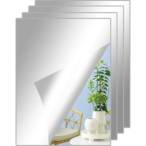 Lot de 4 miroirs à coller, 30 x 20 cm, carreaux de miroir autocollants (1/3)