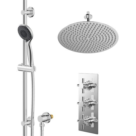 Wholesale Domestic Cross Polished Chrome Concealed Triple Thermostatic Shower Valve and 400mm Thin Round Fixed Head with 150mm Ceiling Arm and Clyde Slide Rail Kit with Round Elbow - 2 Outlet (1/5)