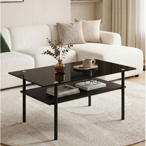 Tavolino da salotto nero con piano in vetro e ripiano MDF, struttura in metallo (1/5)