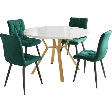 Table Ronde 100 Cm En Mdf Effet Marbre, Pieds Métal Doré, 4 Chaises Velours Vert Moderne (1/5)