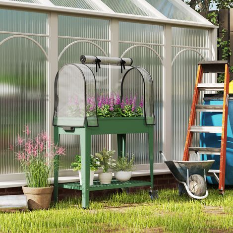 Jardin urbain surélevé Vert avec roues couvercle serre étagère inférieure culture plantes 80x40x120 cm (1/4)