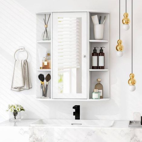 Meuble de rangement mural avec porte miroir simple pour salle de bain et salon - blanc (1/5)