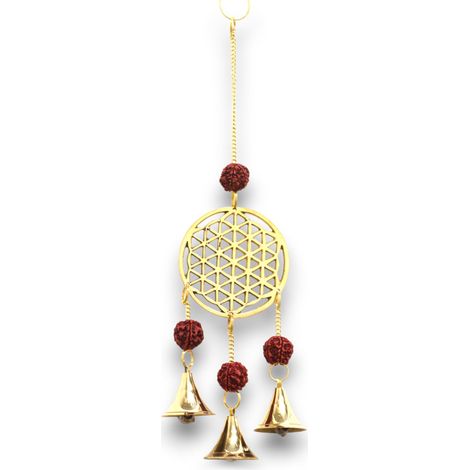 Campanas Indias - Flor de la Vida de LatÃ³n con Cuentas de Rudraksha - 3 Campanas - 6x27cm