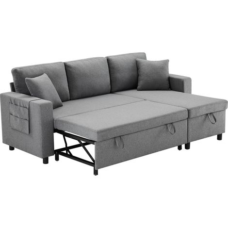 Divano letto a L, chaise longue reversibile, contenitore e tasche, grigio scuro (1/5)