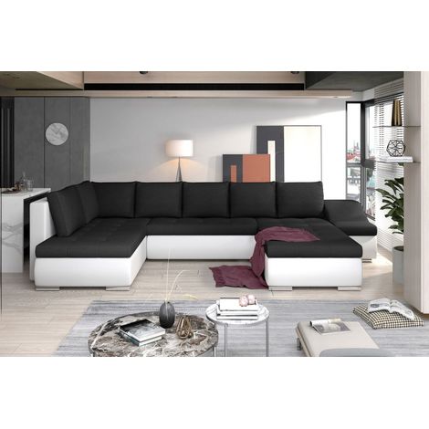 Canapé panoramique GYOVANI noir et blanc angle droit convertible couchage 140x294cm (1/2)