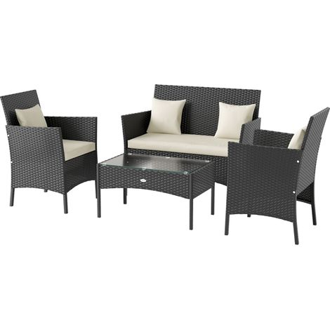 Ensemble de terrasse 4 pièces : canapé 2 places, 2 fauteuils, table verre, coussins inclus, rotin synthétique gris foncé