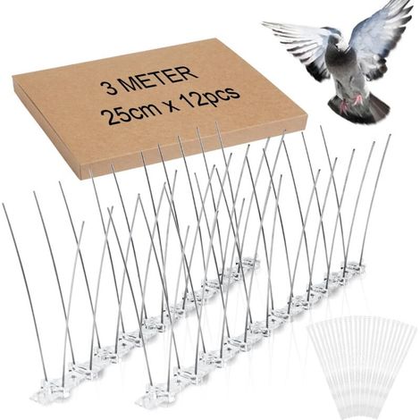 Punta anti-piccioni in acciaio inox 3M 12x25 cm con 24 fascette in plastica Punta anti-uccelli per spaventare piccioni, passeri, corvi, gatti - Punta anti-uccelli adatta agli animali (1/4)