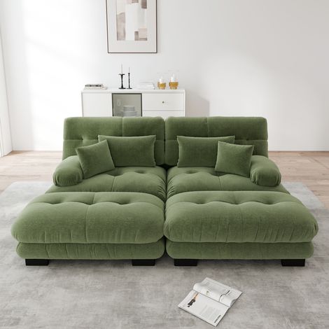 Sofá esquinero modular de chenilla verde con 2 cojines lumbares y 2 pufs DESVIAE (1/5)