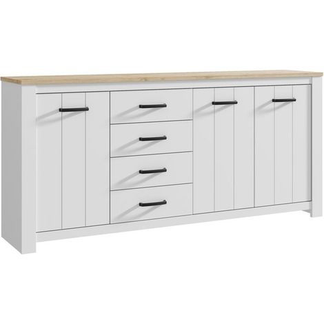 Buffet ELARA Forte 206x95,7x42,2 cm Plateau chêne Corps blanc mat 3 portes 4 tiroirs (1/5)
