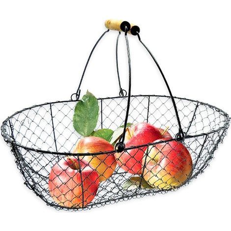 Erntekorb, 8 l, aus schwarzem Metall – Obstpflückkorb mit Holzgriffen – Obstsammelkorb
