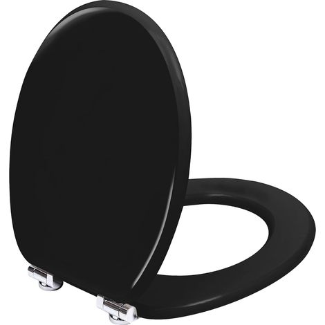 Abattant WC avec Frein de Chute Silencieux, Lunette de Toilette en Bois MDF, Finition Laquée Effet Miroir, Charnières Inox/Zinc Ajustables, Compatible Cuvette O, Capacité jusqu'à 175 kg (Noir) (1/5)