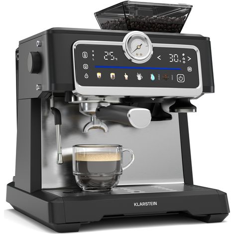 Klarstein GrandPresso Touch Machine à café en grain 20 Bars, 1350 W, Écran tactile, Broyeur intégré, Buse vapeur, Réservoir 2,3 L, Acier inoxydable, Noir