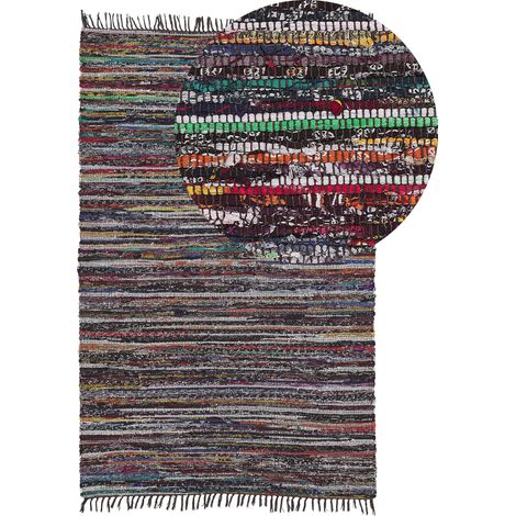 Beliani Rug Black Cotton 140 x 200 cm Boho Area Fringe Hand-Woven Fabric, Abstract Pattern, Multicolour, Handwoven, Pile Height 1 cm, Rectangular, 50% Cotton 50% Polyester DANCA (1/5)