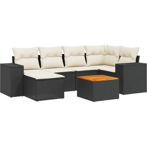 Salon de jardin 7 pcs avec coussins noir résine tressée (1/3)
