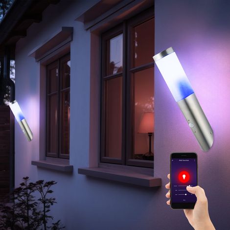 Wandleuchte Edelstahl Wandfackel Außen Hauswandleuchte Bewegungsmelder, App-Sprachsteuerung dimmbar Timer CCT, IP44, Edelstahl, 1x RGB LED 10W 806Lm 2700-6400K, DxH 7,6x40cm, 2er Set