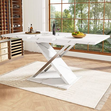 Table à manger extensible 118-157x75 cm, plateau effet marbre en MDF, table de cuisine avec pieds croisés en métal, design moderne (1/5)