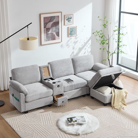Modulares Sofa, hellgrauer Cordbezug, Komfortpolsterung aus Memory-Schaum, mobile Konsole und integrierter Stauraum, abnehmbarer Aufbewahrungshocker, 266 x 136 x 82 cm