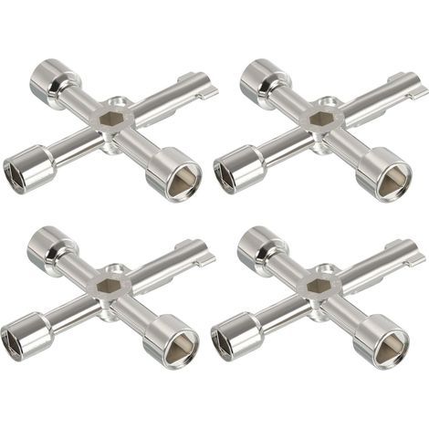 Multifonction Universel Croix Clé, 4 Paquet Zinc Alliage 4 Manière Gaz Eau Compteur Clé Clé-molette pour Électrique Armoire Valve, Argent (1/5)