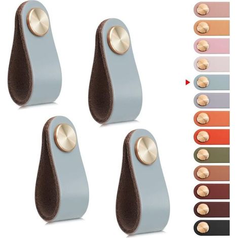4pcs Poignée Meuble Cuir, Bouton Porte Placard Poignee Cuir Bouton de Tiroir, Poignee de Meuble Vintage pour Armoires, Commode, Cuisine, Salle de Bain (Bleu, Monotrou) (1/4)