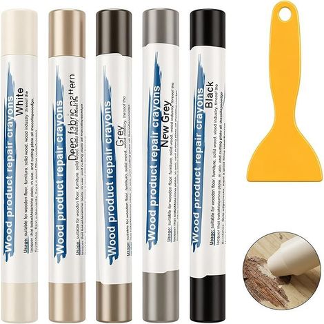 Kit de Réparation Cire - Pour Parquet Stratifié Bois PVC - 5 Couleurs Stylo + Spatule - Réparation Rayures Sol Table Porte (1/5)