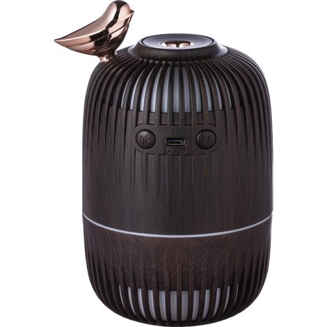 Mini Humidificateur USB Oiseau en Bois, Diffuseur d'Huiles Essentielles avec Lumière LED RGB, Design Cage Ajourée, Silencieux pour Voiture, Chambre et Bureau - Modèle Bois Foncé-lsw