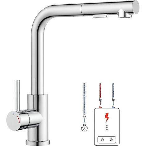 Robinet Cuisine Basse Pression, Robinet Evier Extractible en Forme L, Mitigeur Cuisine 3 Raccords pour Chauffe-eau ou Sous-évier, 2 Jets, Rotation 360°, Chrome Poli, Pression (1/5)