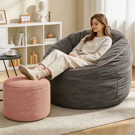 Poltrona Sacco con Schienale Curvo per Salotto con Tasca Laterale e Pouf Cilindrico, Flanella, Grigio (1/3)