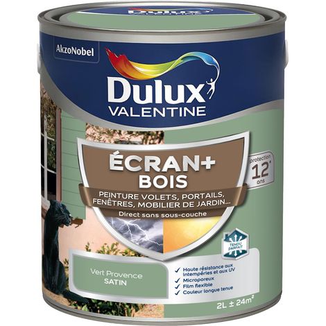 ECRAN+ BOIS - Peinture satinée pour bois extérieur - Volets, portes, fenêtres, portails - Vert Provence 2 L - Dulux Valentine