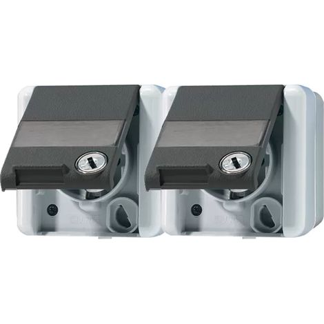Jung SCHUKO®-Zweifach-Steckdose, verdrahtet, 16 A 250 V , mit Schriftfeld, mit Sicherheitsschloss, waagerecht, IP 44, WG 800, anthrazit 8220 NAWSL (1/2)