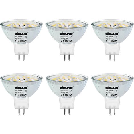 Ampoule LED GU5.3 MR16 5W, Blanc neutre 4000K, Non dimmable, 12V Ampoules LED Spot GU 5.3, Équivalent halogène 50W, 500LM, Angle de faisceau 120 °, Lot de 6 [Classe énergétique F]