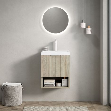 42cm Wandhalterung Badezimmer-Waschtisch mit weißem rechteckigem Keramikwaschbecken, gestreiftem Schrank mit Doppeltüren und offenem Regal, Eiche cremefarbene Holzmaserung Farbe