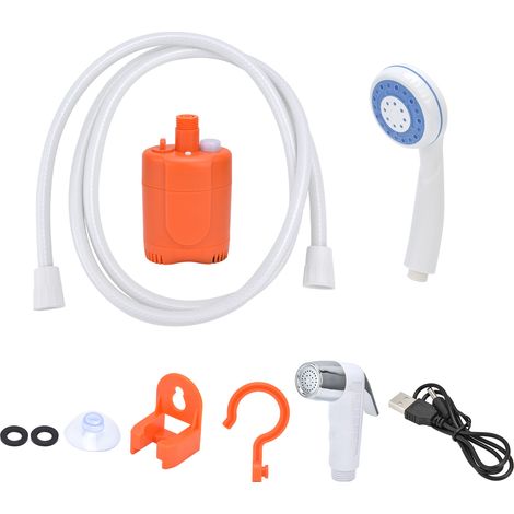 Ensemble de douche portable pour camping et randonnée, avec pompe et pulvérisateur manuel, rechargeable par USB, orange. (1/5)