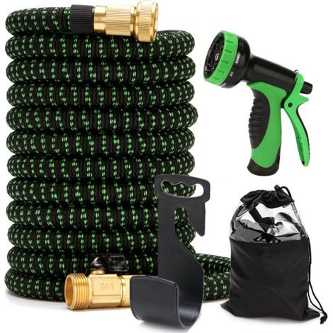 Ensemble de tuyaux d'arrosage extensibles de 7,5 m - Matériau à trois latex - Tuyau d'arrosage extensible avec pistolet multi-jet, raccords en laiton, support et sac de rangement