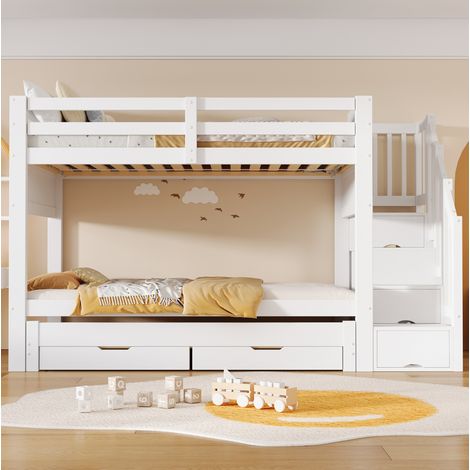 Letto a castello 90 x 200 cm con letto estraibile, scala contenitore, cassetti e armadio bianco (1/5)