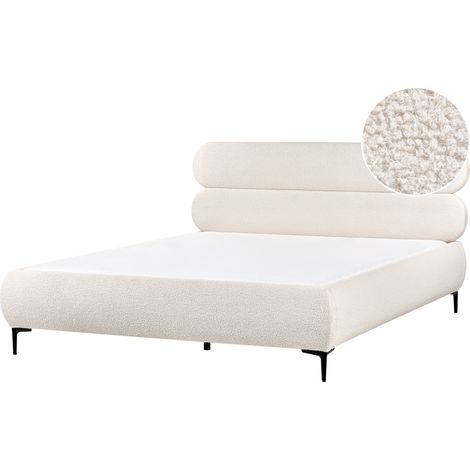 Cama con somier minimalista de bouclé cabecero patas de metal negro dormitorio 180 x 200 cm blanco crema Lessay (1/5)