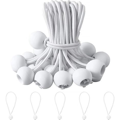 25 elastische Bungee-Seile, 20 cm, Gummi, Kunststoffkugel, weiß, für Planen, Zelte, Camping, Bootsunterstände (1/5)