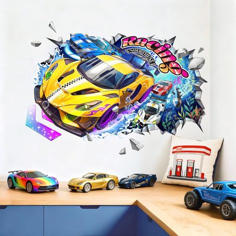 Stickers Muraux 3D Voitures Course Autocollant Mural Véhicules (1/5)