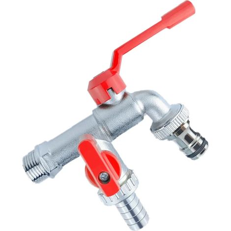 Robinet de jardin double sortie en laiton pour buanderie et évier - Rouge, buses amovibles, résistant à la corrosion (1/5)