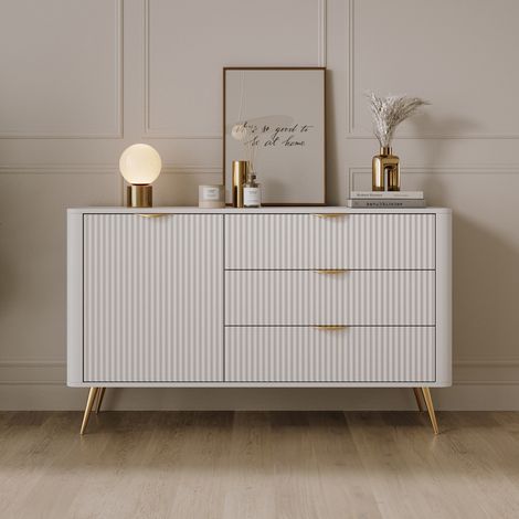 Cómoda Halilomo, Mueble 3 Cajones, un Estante, Puerta Abatible, Deslizante, 138x38x81h cm Blanco (1/5)