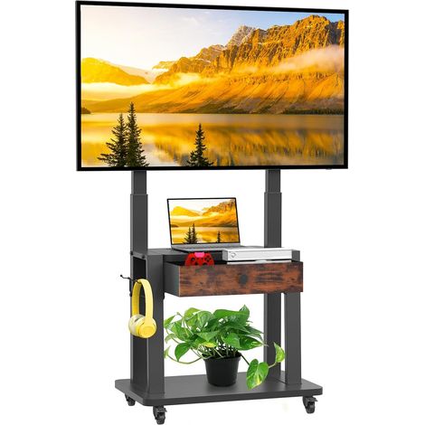 Meuble TV sur roulettes avec tiroir en Tissu pour écrans Plats/incurvés de 32 à 75 Pouces, Hauteur réglable, LCD/LED/OLED, avec Espace de Rangement, Chariot TV Mobile sur Roues jusqu'à 100 kg (1/5)