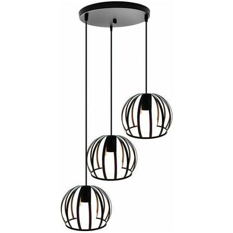Suspension Cage - Lustre Métal 3 Points - Plafonnier Industriel Moderne pour Salle À Manger Salon Chambre Cuisine - Base Ronde - Noir - 19 x 14 cm - E27