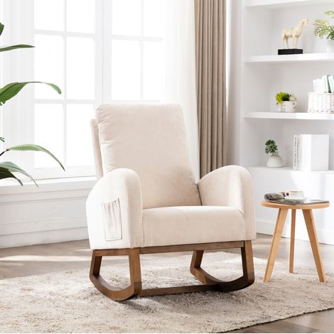 Sedia a dondolo con schienale alto, braccioli extra lunghi, tasche laterali, lino beige (1/5)