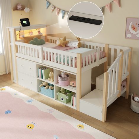 Hochbett 90x200 cm aus Holz und MDF natur, platzsparend mit Stauraum, ohne Matratze (1/5)