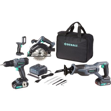 Kit pour perceuse, alternative et scie circulaire 18 V (20 V max), avec lumière, 2 batteries au lithium 2,0 Ah et un chargeur, Bleu (1/5)