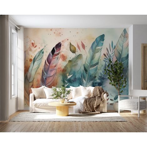 Papier peint boho - pluie de plumes légères aquarelle - 150 x 250 cm (1/2)