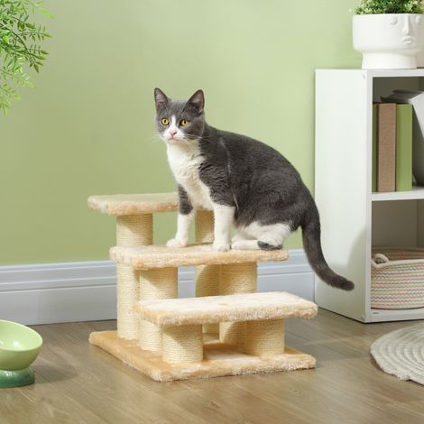 Escalier pour chat 46x35,5x34 cm en bois beige, 3 marches pour animaux FloraGrace (1/5)