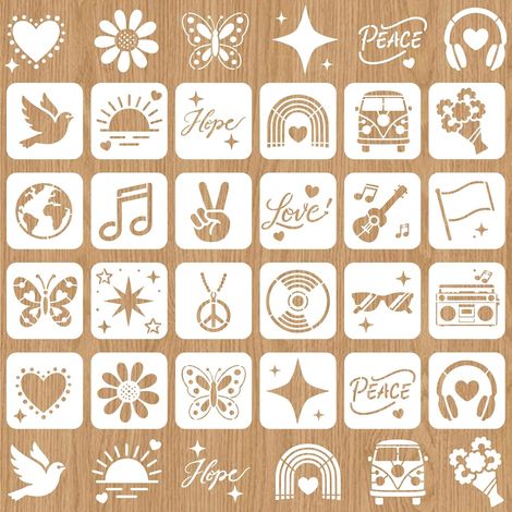 Lot de 24 pochoirs réutilisables Peace Love - Pochoirs muraux en PET pour chambre à coucher, meubles en bois, bricolage, décoration d'intérieur - 15 x 15 cm (1/5)