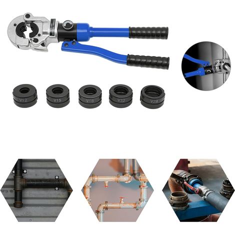 8T Hydraulische Presszange, V-Kontur Rohrpresszange Ø12-28mm Hydraulik Crimpzange mit 360° drehbar Kopf und Werkzeugkasten Presswerkzeug für Kupferrohr